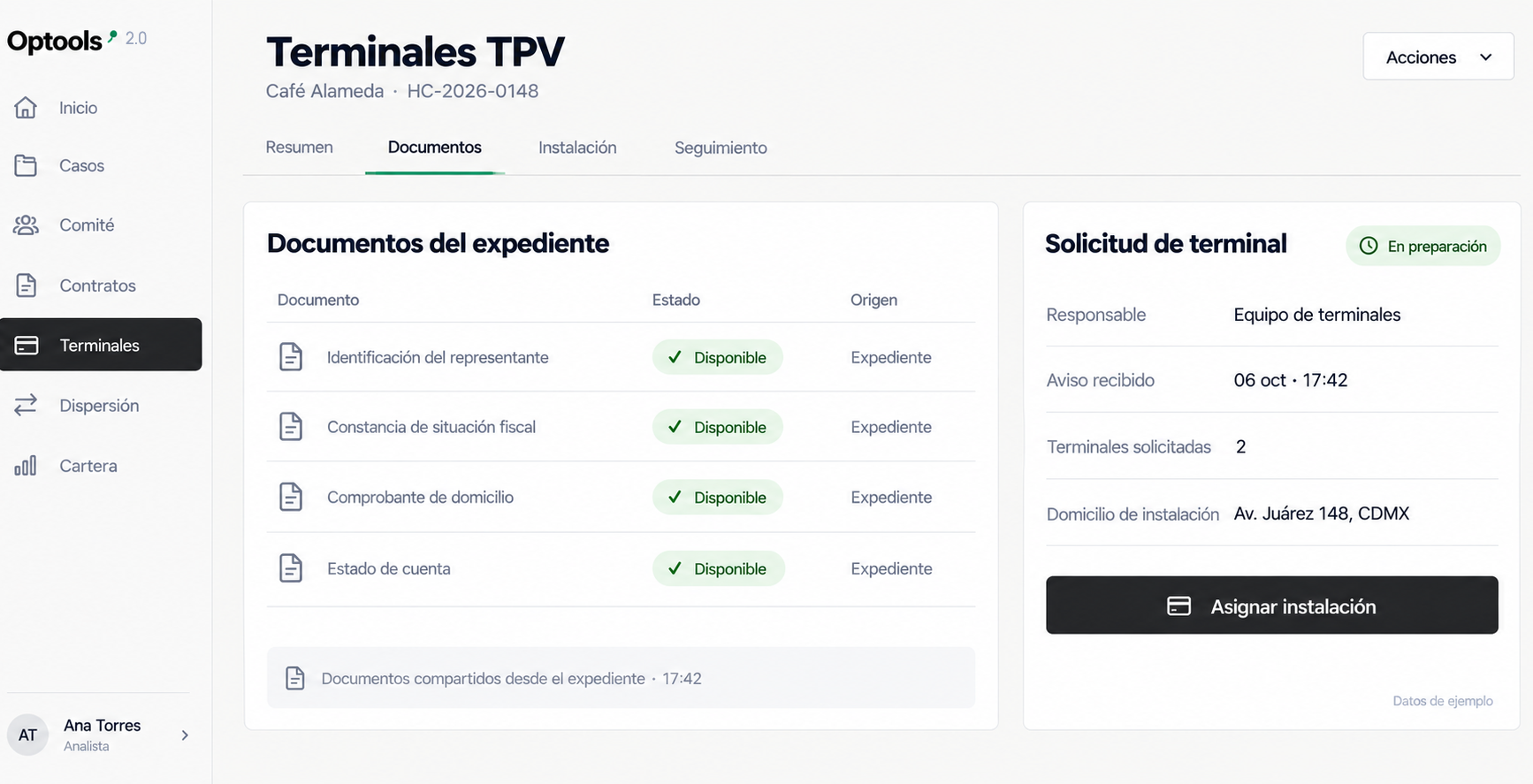 Optools 2.0: solicitud de terminal con los documentos del expediente