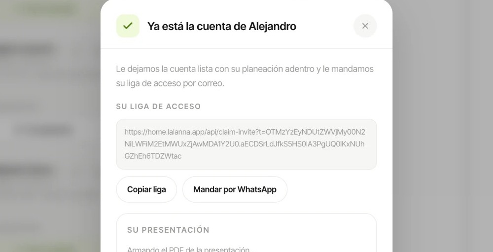 Cuenta del cliente creada con su liga de acceso, lista para mandar por WhatsApp