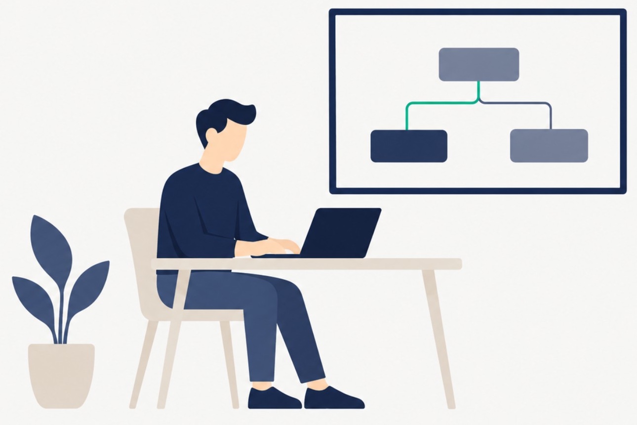 Persona trabajando frente a un diagrama de sistema