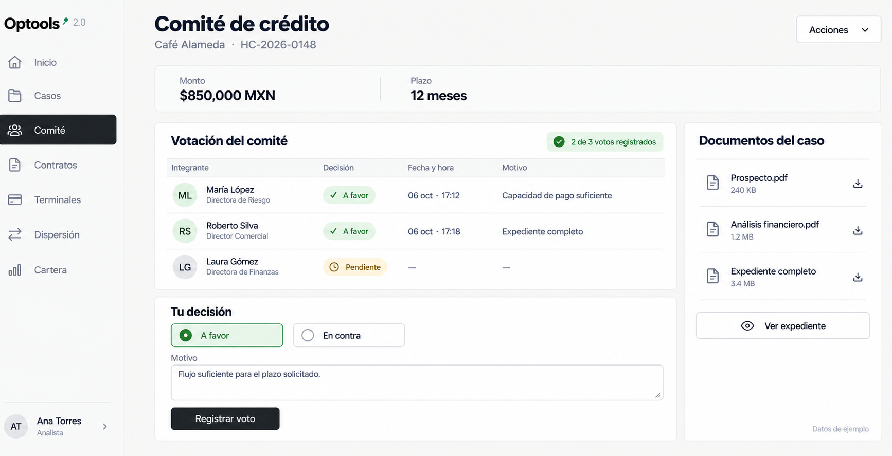 Optools 2.0: votación del Comité con registro de quién, cuándo y por qué